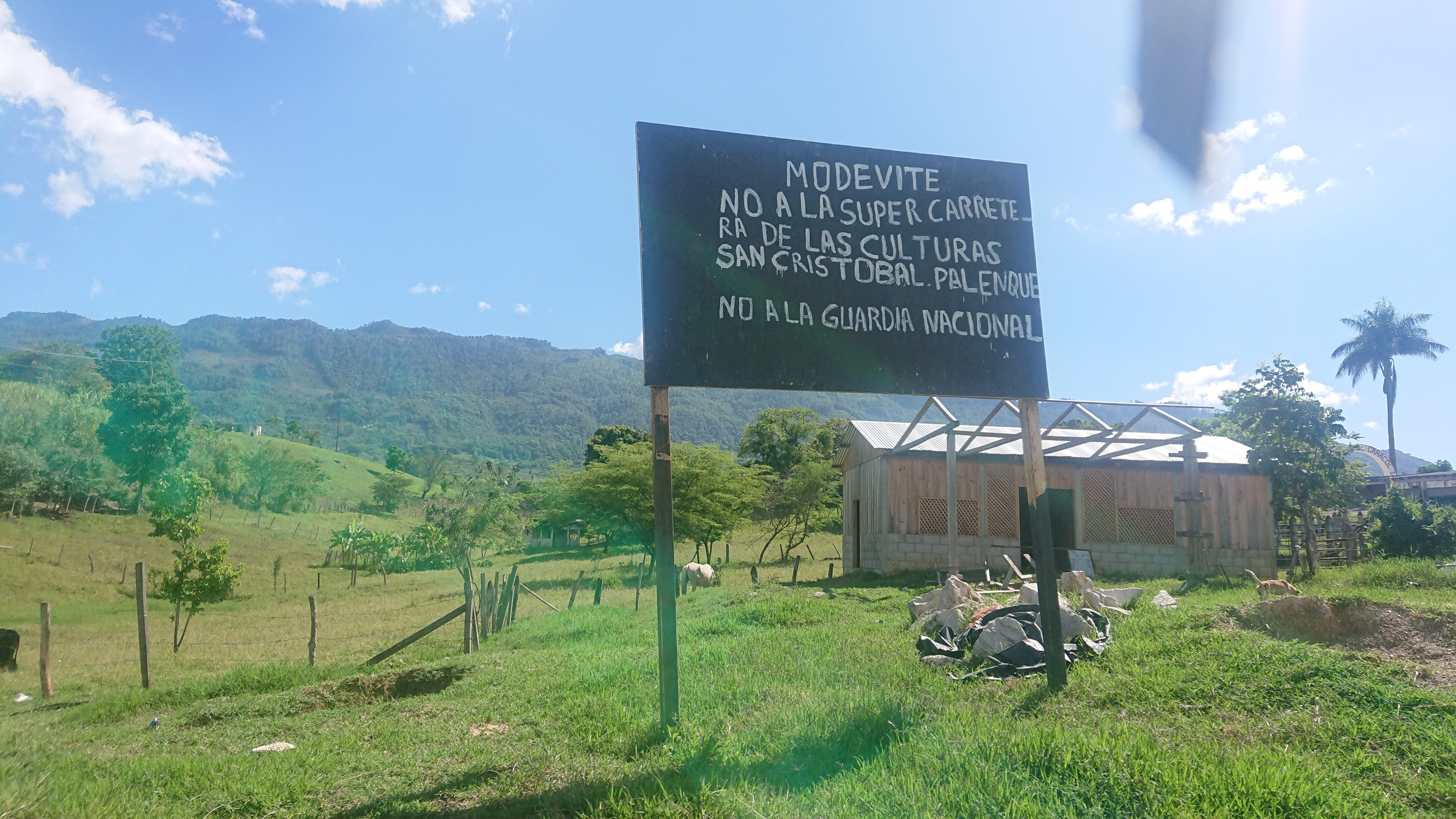 A sign protesting the Highway of Cultures in Chiapas